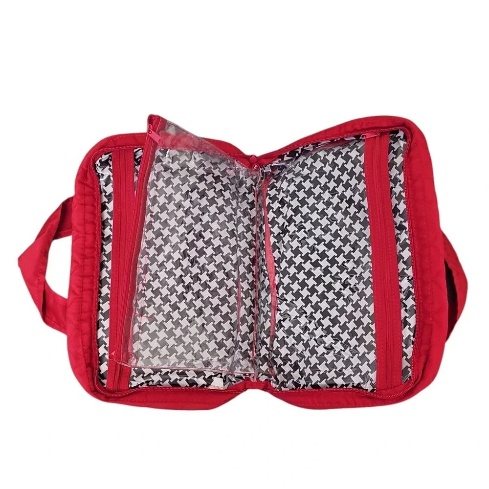 Quilted Cosmetic Bag Makeup Organizer Travel Case Red Houndstooth Interior‎